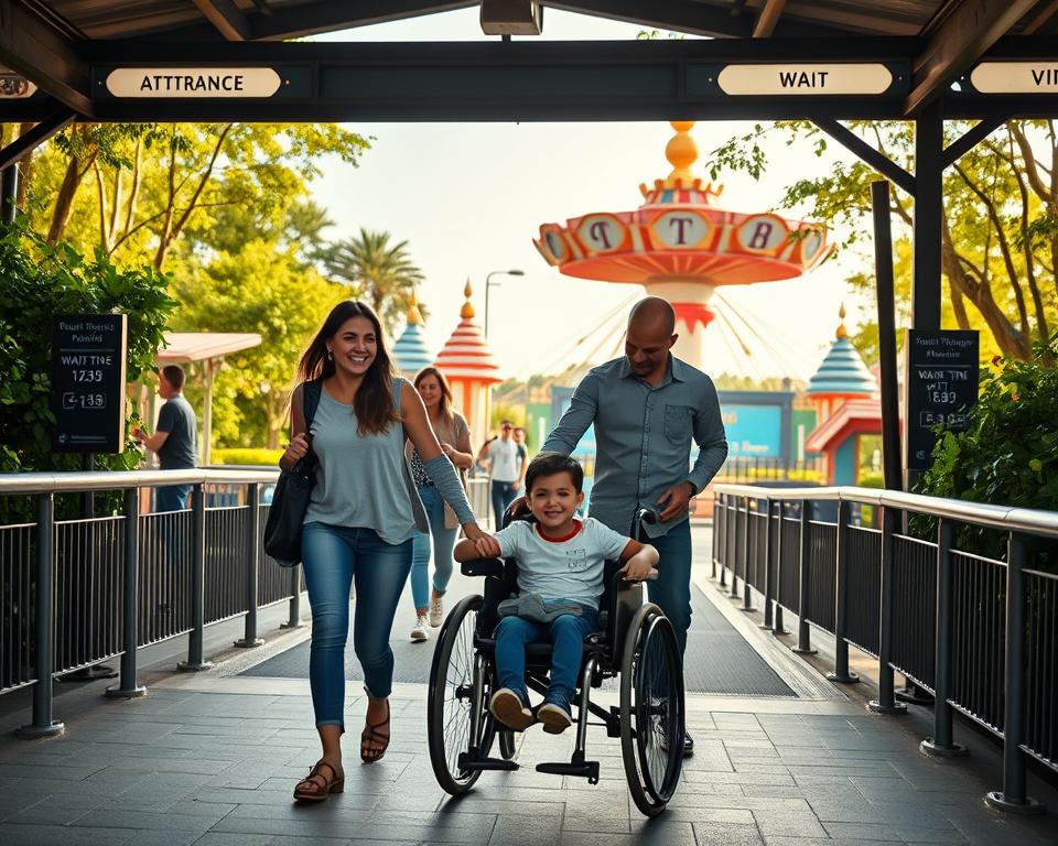 A serene scene depicting a family navigating the accessible entrance at an amusement park, showcasing vibrant attractions in the background. In the foreground, a mother and father assist their child in a wheelchair, smiling and relaxed, wearing casual, comfortable clothing. The middle layer includes other guests enjoying attractions, with visible signage indicating wait times for rides in an organized manner. Capture the lush greenery and colorful structures typical of a theme park in the background, bathed in warm, inviting sunlight to create a joyful atmosphere. Use a wide-angle lens to enhance depth and perspective, ensuring a focus on accessibility features, like wheelchair ramps and clear pathways. The overall mood is friendly, welcoming, and inclusive.