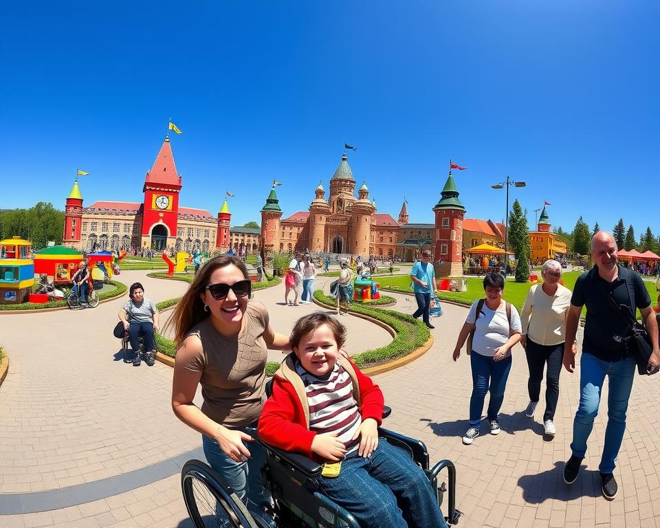 A vibrant and accessible scene from LEGOLAND in Günzburg, showcasing families enjoying the park. In the foreground, a group of diverse family members, including a child in a wheelchair and adults in casual clothing, smiling and engaging with colorful LEGO structures. The middle ground features winding pathways designed for accessibility, with cheerful families exploring various attractions. In the background, iconic LEGO landmarks, such as a large castle and playful sculptures, under a clear blue sky. The lighting is bright and inviting, enhancing the joyful atmosphere. A wide angle captures the essence of inclusion and fun, highlighting a welcoming environment for all visitors.