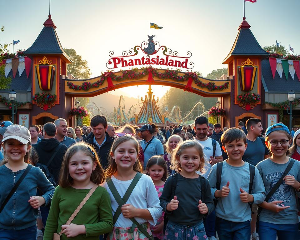 A vibrant and bustling scene at Phantasialand, capturing the joyful atmosphere during early morning park opening hours. In the foreground, happy families with children in modest casual clothing eagerly waiting to enter the park, their faces filled with excitement. The middle ground features the iconic park entrance decorated with colorful banners and floral arrangements, with the sun rising softly behind it, casting a warm golden glow. The background reveals thrilling rides and lush landscapes, while a clear blue sky enhances the feeling of a perfect day. The lighting is bright and inviting, creating an atmosphere of anticipation and joy, as visitors are ready to enjoy shorter waiting times for their favorite attractions.