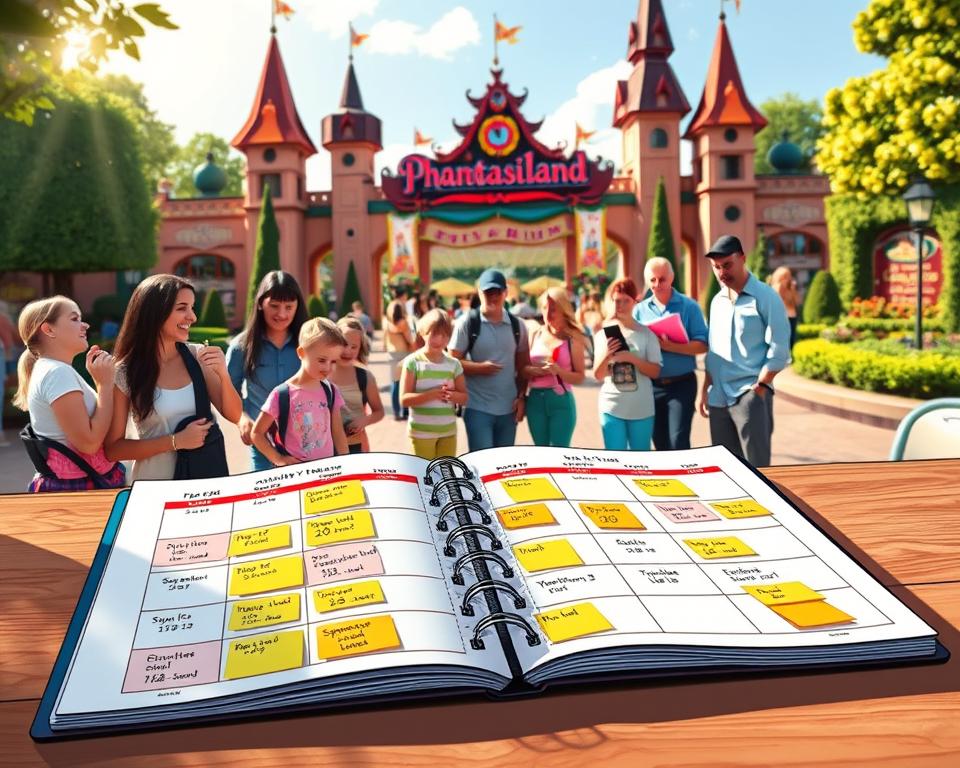 A vibrant and detailed illustration of a daily schedule for visiting Phantasialand, depicting a step-by-step strategy for minimizing wait times. In the foreground, a colorful planner spread open on a table, showcasing highlighted time slots and attractions like roller coasters and water rides, with sticky notes indicating optimal visiting times. In the middle ground, cheerful families and groups of friends in modest casual clothing, studying maps and discussing plans, embodying anticipation and excitement. The background features a lively view of the Phantasialand entrance, with towering attractions and lush gardening, bathed in warm sunlight that creates a welcoming atmosphere. Soft shadows add depth, and the overall mood is energetic and joyful, capturing the essence of a fun-filled day at the theme park.