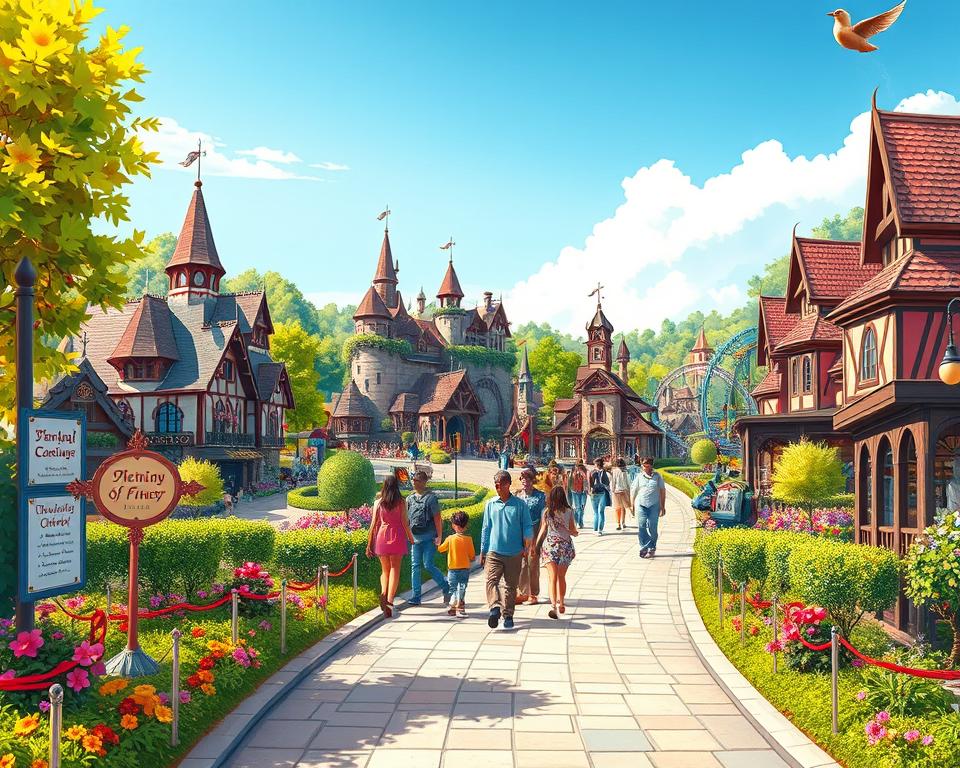 A vibrant and detailed illustration of the themed areas route at Phantasialand, showcasing a whimsical and enchanting amusement park layout. In the foreground, an inviting path lined with colorful flowers and decorative signs hints at various attractions. In the middle ground, families joyfully explore distinct themed areas, including a fairy tale section with charming cottages and a thrilling adventure zone with roller coasters, all set under a bright blue sky. The background captures lush greenery and themed architecture, bathed in warm, afternoon sunlight, creating a cheerful and lively atmosphere. The perspective should be slightly elevated, giving an overview of the diverse routes through the park, inviting visitors to enjoy their day. The image is devoid of text or watermarks, focusing solely on the magic of the park experience.