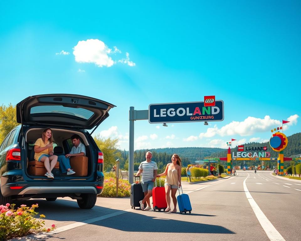 A vibrant and inviting scene depicting the journey to LEGOLAND Günzburg. In the foreground, a cheerful family of four, composed of adults in casual clothing and two children in colorful attire, are joyfully loading their luggage into a minivan parked at a scenic rest stop. The middle ground features a clear road sign pointing to LEGOLAND, surrounded by lush greenery and blooming flowers, signaling a warm summer day. In the background, the iconic skyline of LEGOLAND with colorful LEGO-themed constructions and the cheerful entrance gate is visible under a bright blue sky dotted with a few fluffy white clouds. Soft sunlight casts gentle shadows, creating a lively and optimistic atmosphere, perfect for family adventures. Use a wide-angle lens to capture the expansive and inviting landscape, ensuring a bright and lively feel.