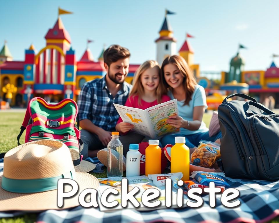 A vibrant and organized scene depicting a "Packliste" for a family trip to LEGOLAND. In the foreground, an assortment of travel essentials is artfully arranged: a colorful backpack, sun hats, reusable water bottles, sunscreen, a map of LEGOLAND, and snacks all neatly placed on a picnic blanket. In the middle ground, a family of four, dressed in comfortable and modest casual clothing, is looking at the packing list, smiling and engaging with each other, radiating excitement. The background features iconic LEGOLAND structures, such as colorful brick buildings and rides, under a clear blue sky with soft sunlight filtering through. The atmosphere is cheerful and adventurous, capturing the spirit of family fun and anticipation for the day ahead. Use a soft focus for a warm, inviting look.