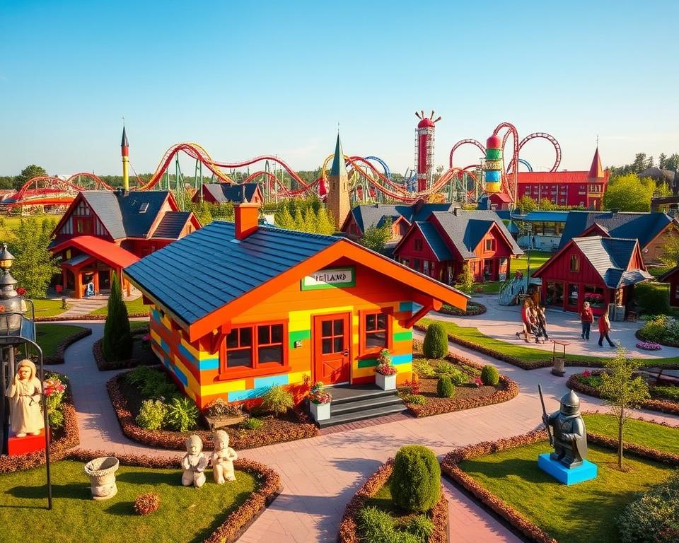 A vibrant and whimsical view of LEGOLAND Feriendorf in Günzburg, showcasing colorful LEGO-themed accommodations. In the foreground, a charming family-friendly cabin made of oversized LEGO bricks, surrounded by neatly landscaped gardens with playful statues. The middle ground features themed lodging options, such as pirate and knight accommodations, with families enjoying outdoor activities like mini-golf and playgrounds. The background reveals the iconic LEGOLAND roller coasters and attractions, set against a bright blue sky. Soft, warm lighting creates a cheerful atmosphere, highlighting the fun and imaginative experience of staying at LEGOLAND. Use a slight aerial perspective to capture the entire scene in one frame, evoking a sense of excitement and adventure for families.