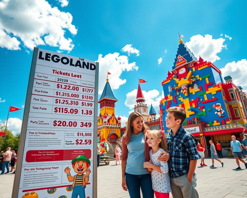 A vibrant, colorful scene at LEGOLAND Günzburg showcasing a family joyfully exploring ticket booths and price information displays. In the foreground, a cheerful family of four, dressed in casual clothing, closely examines a large LEGOLAND ticket sign with information on prices and discounts. The middle ground features playful LEGO structures and attractions, capturing the essence of creativity and fun, while families play and enjoy their day. The background is a bright blue sky dotted with fluffy clouds and iconic LEGO characters interacting with visitors. Bright sunlight bathes the scene, creating a warm, inviting atmosphere. The image is captured from a low angle to emphasize the towering LEGO buildings, enhancing the sense of wonder and adventure.