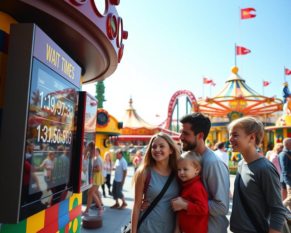 A vibrant scene at LEGOLAND in Günzburg, depicting families enjoying their day amidst colorful, LEGO-inspired attractions. In the foreground, a cheerful family of four, dressed in modest casual clothing, is examining a digital display that shows current wait times for rides, with excitement on their faces. In the middle ground, various LEGO-themed rides and attractions, such as a roller coaster and a carousel, are bustling with visitors, showcasing the park's lively atmosphere. The background features a bright blue sky and LEGO sculptures, creating a whimsical ambiance. Capture this scene with soft, natural lighting, as if it's a sunny afternoon, emphasizing the joy and stress-free environment of family fun. Use a slightly downward angle to capture the vibrant colors and dynamic interactions of park-goers.