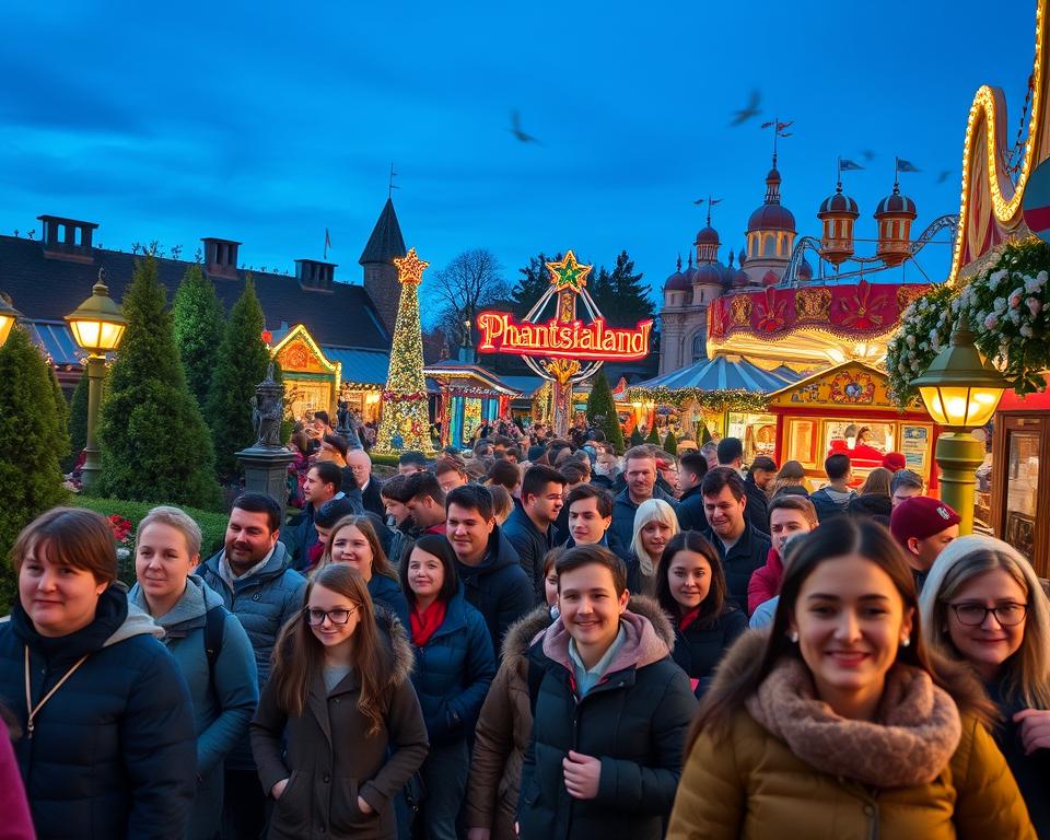 A vibrant scene at Phantasialand during a holiday season, showcasing long lines of excited families and groups of friends eagerly waiting to enter thrilling attractions. In the foreground, diverse visitors in modest casual clothing display a mix of expressions from anticipation to joy. The middle ground features colorful amusement rides adorned with festive decorations, illuminated by warm evening lights. The background includes lush greenery and whimsical architecture typical of Phantasialand, under a deepening blue sky. The atmosphere feels lively and energetic, capturing the essence of a busy holiday period. The image is shot from a low angle to emphasize the grandeur of the rides, while soft bokeh effects highlight the waiting crowd, creating a magical yet bustling vibe of the amusement park.
