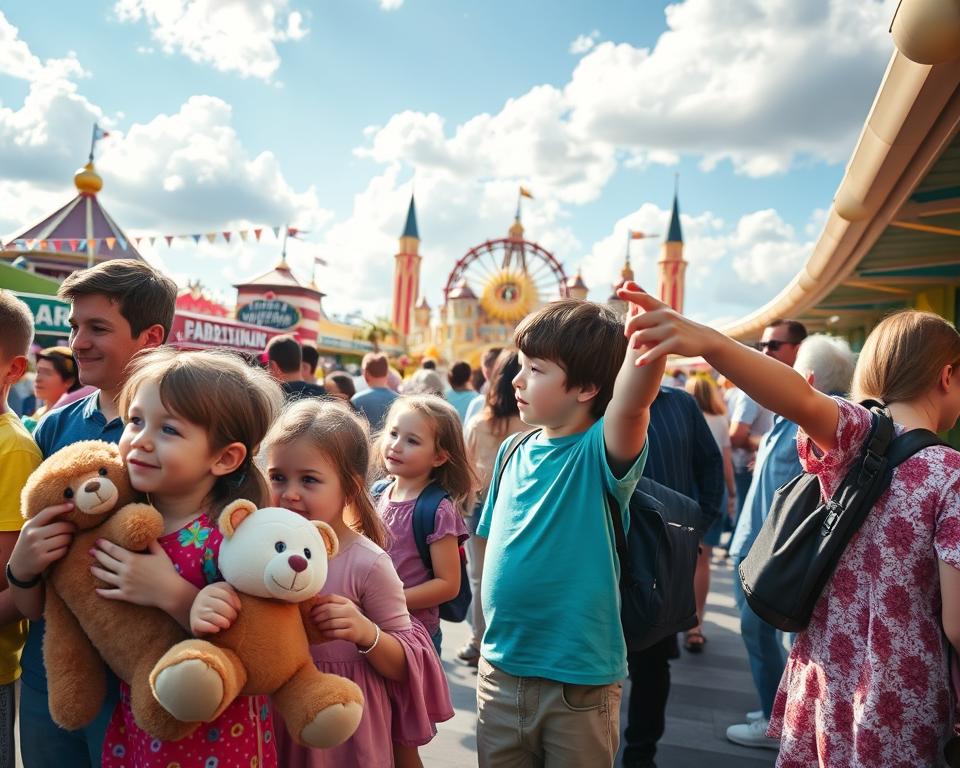 A vibrant scene at Phantasialand showcasing families with children joyfully waiting in line for attractions. In the foreground, a diverse group of children, dressed in colorful, casual clothing, are engaged in playful activities. One child is holding a large stuffed animal, while another is pointing excitedly towards a nearby ride. In the middle background, families are queued, interspersed with cheerful decorations typical of theme parks, like balloons and banners. The background features glimpses of iconic Phantasialand rides under a bright, sunny sky, with fluffy clouds. Soft, warm lighting bathes the scene, creating a lively and inviting atmosphere. The angle captures an immersive perspective, as if the viewer is part of the fun, reflecting a sense of family-friendly enjoyment amidst the wait.