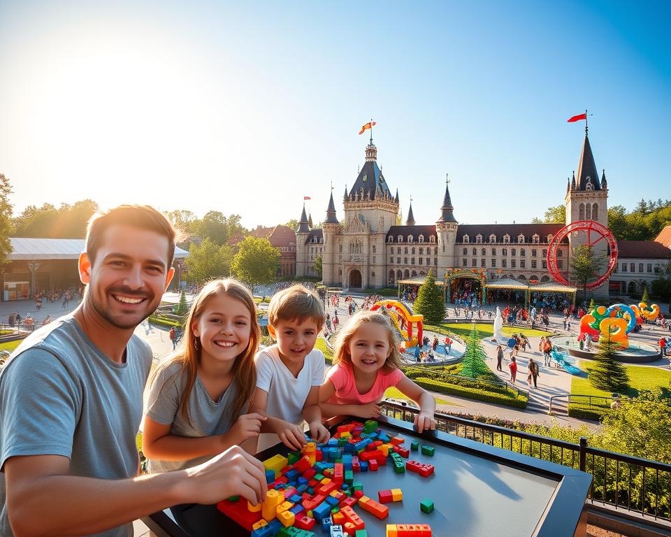 A vibrant scene capturing a family enjoying a day at LEGOLAND in Günzburg. In the foreground, a cheerful family of four, dressed in casual summer clothing, is building with colorful LEGO bricks at an interactive station. The middle ground features the iconic LEGO castle and roller coaster, bustling with visitors and bright LEGO sculptures. In the background, the sun is shining brightly in a clear blue sky, casting warm light across the park, highlighting the lush greenery and playful architecture. The atmosphere is joyful and lively, embodying a fun day out. The image should be captured from a slightly elevated angle to provide a comprehensive view of the park's attractions, showcasing the excitement of a family-friendly adventure.