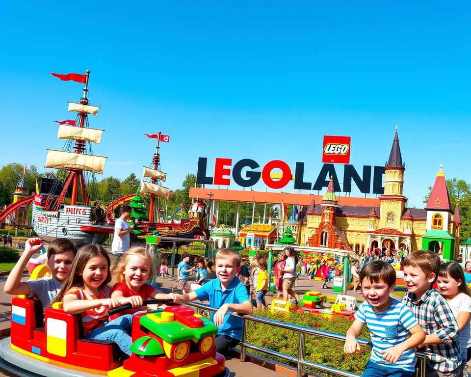 A vibrant scene capturing the excitement of LEGOLAND Günzburg, featuring colorful miniature LEGO structures of famous landmarks intertwined with thrilling rides for families. In the foreground, cheerful children of various ages are playing, with some riding on a gentle roller coaster, while others are exploring interactive LEGO exhibits. The middle ground showcases intricate LEGO-built attractions like a pirate ship and a castle, bustling with families enjoying their day. In the background, the iconic LEGOLAND sign stands against a bright blue sky. The lighting is sunny and warm, casting playful shadows, while the atmosphere is filled with joy and laughter. Shot from a slightly elevated angle to capture the lively ambiance and engage viewers. No text or watermarks.