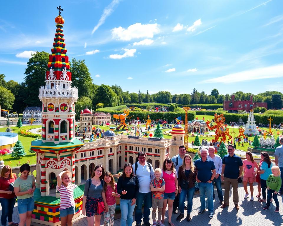 A vibrant scene showcasing a popular photo spot at LEGOLAND in Günzburg. In the foreground, a meticulously crafted LEGO model of a famous landmark, complete with colorful bricks, representing intricate details and lively expressions. Families of diverse groups, dressed in casual clothing, joyfully gather around the model, taking photos and admiring the craftsmanship. In the middle ground, various iconic LEGO builds, such as miniature cities and amusing characters, are visible, creating a dynamic backdrop. The background features lush greenery and whimsical LEGO sculptures under a bright blue sky, with soft, inviting sunlight casting gentle shadows. The atmosphere is cheerful and family-friendly, evoking a sense of fun and adventure, perfect for families visiting LEGOLAND.