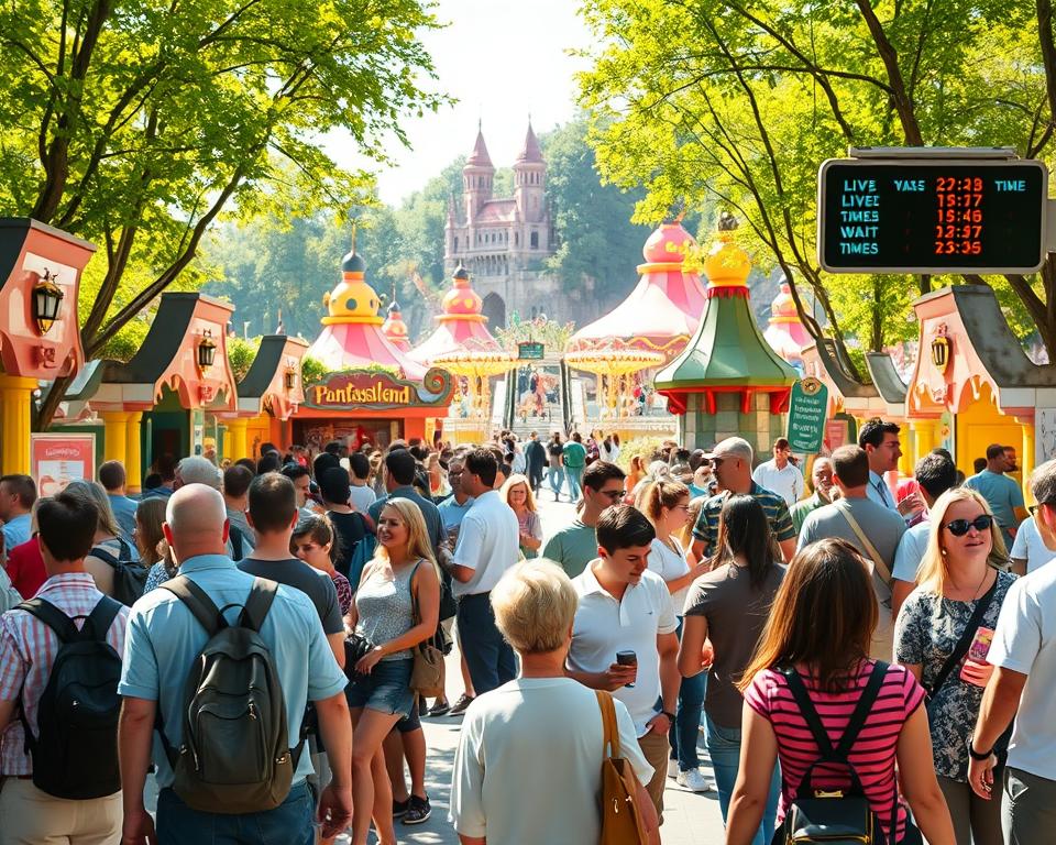 A vibrant view of the bustling Phantasialand theme park, depicting various visitors checking the wait times for attractions. In the foreground, a diverse group of people of all ages is actively engaging with digital screens showing live wait times, dressed in casual yet neat clothing. The middle ground features colorful amusement rides and food stalls, with eager families enjoying snacks and drinks, conveying a lively atmosphere. In the background, lush greenery and whimsical architecture of the park create a magical ambiance. Bright, sunny daylight filters through the trees, casting playful shadows on the ground. Capture the essence of smart timing, combining enjoyment and efficiency, with a cheerful, inviting mood that reflects a day well-spent at the park.